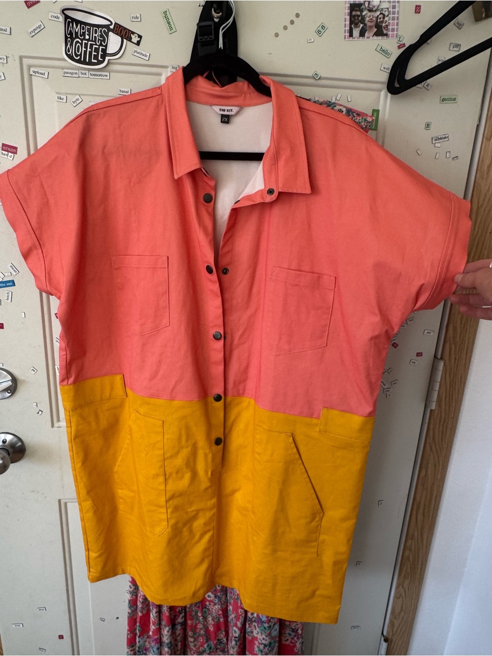 The Kit Colorblock Short-Sleeve Cargo Dress - Coral Pink & Mustard Yellow